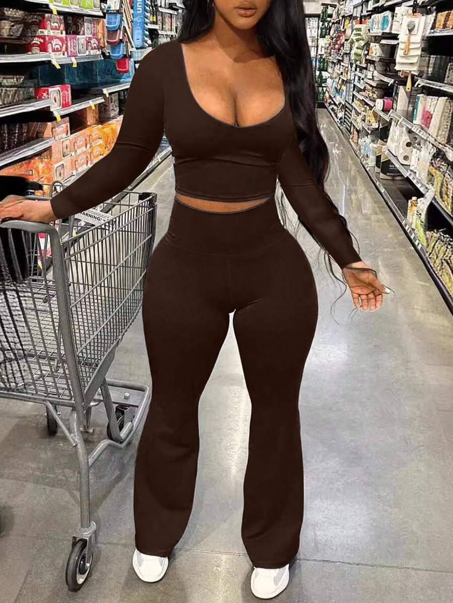 Women's Sexy Casual Short Cropped Fitted Top And Flare Pants Set, Autumn