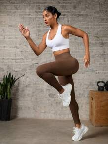 Easithlete 女士纯色高腰简约修身打底裤，适合日常穿着的休闲瑜伽裤 - 咖啡棕 - 查看 3