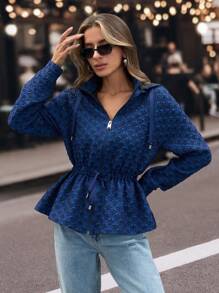 EURMUSE Women Blue Ruched Hooded Elegant Jacket - Blue - View 1