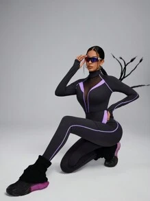 Innovista Damski sportowy kombinezon z długim rękawem i kolorowym blokiem kolorów, oddychający siateczkowy kombinezon z wycięciami i wysoką elastycznością Dry Fit, modelujący pośladki, modelujący sylwetkę, zapinany na zamek błyskawiczny, wielofunkcyjny strój do ćwiczeń, kombinezon fitness i ogrodniczki