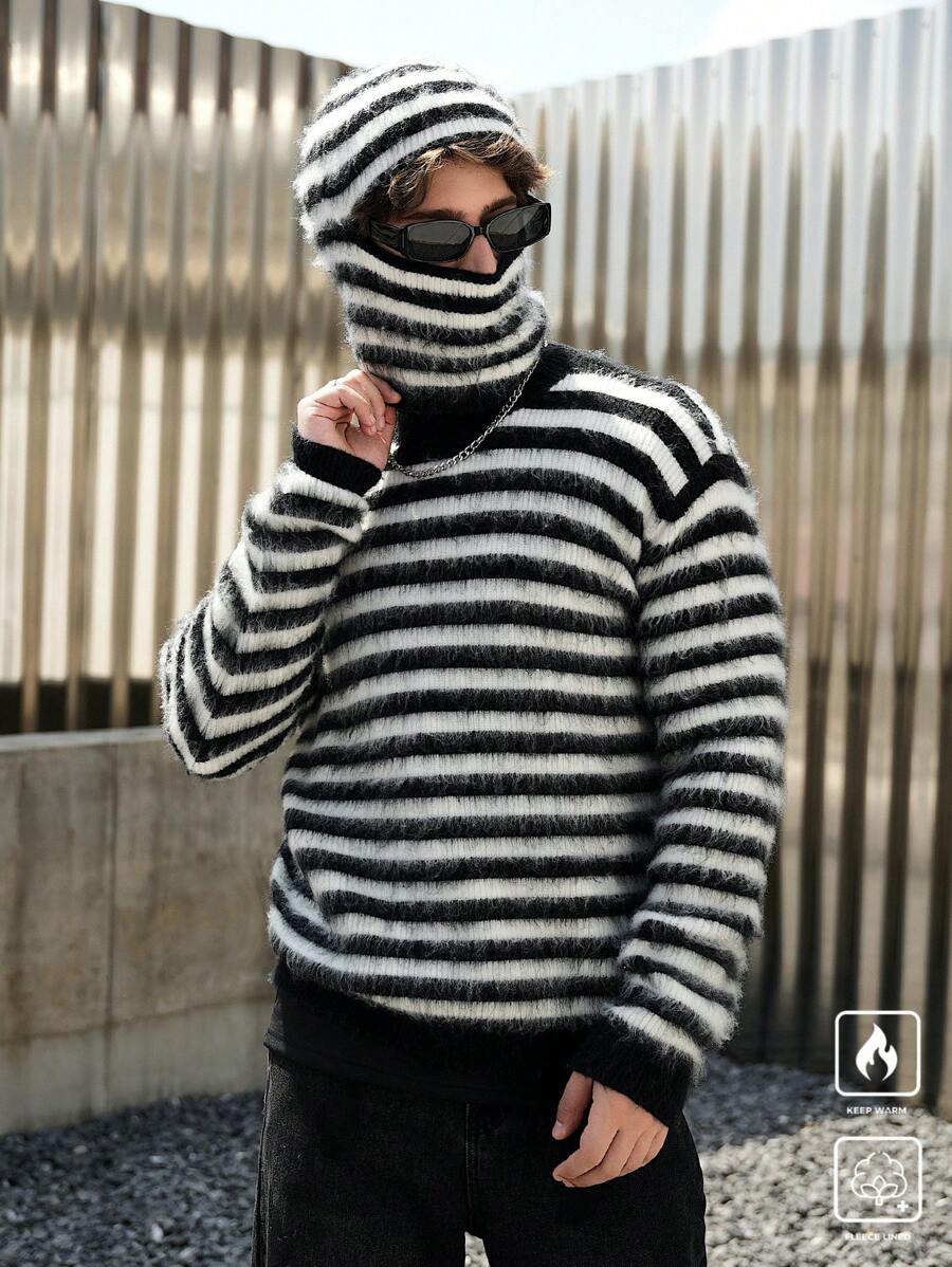 Manfinity Roghcode 男士长袖条纹简约连帽衫,适合日常休闲穿着 - 黑與白 - 查看 1