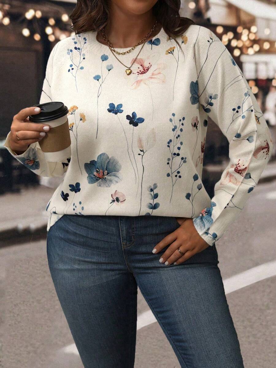 SHEIN LUNE Plus Size Floral Print Round Neck Casual Pullover Sweater, For Winter