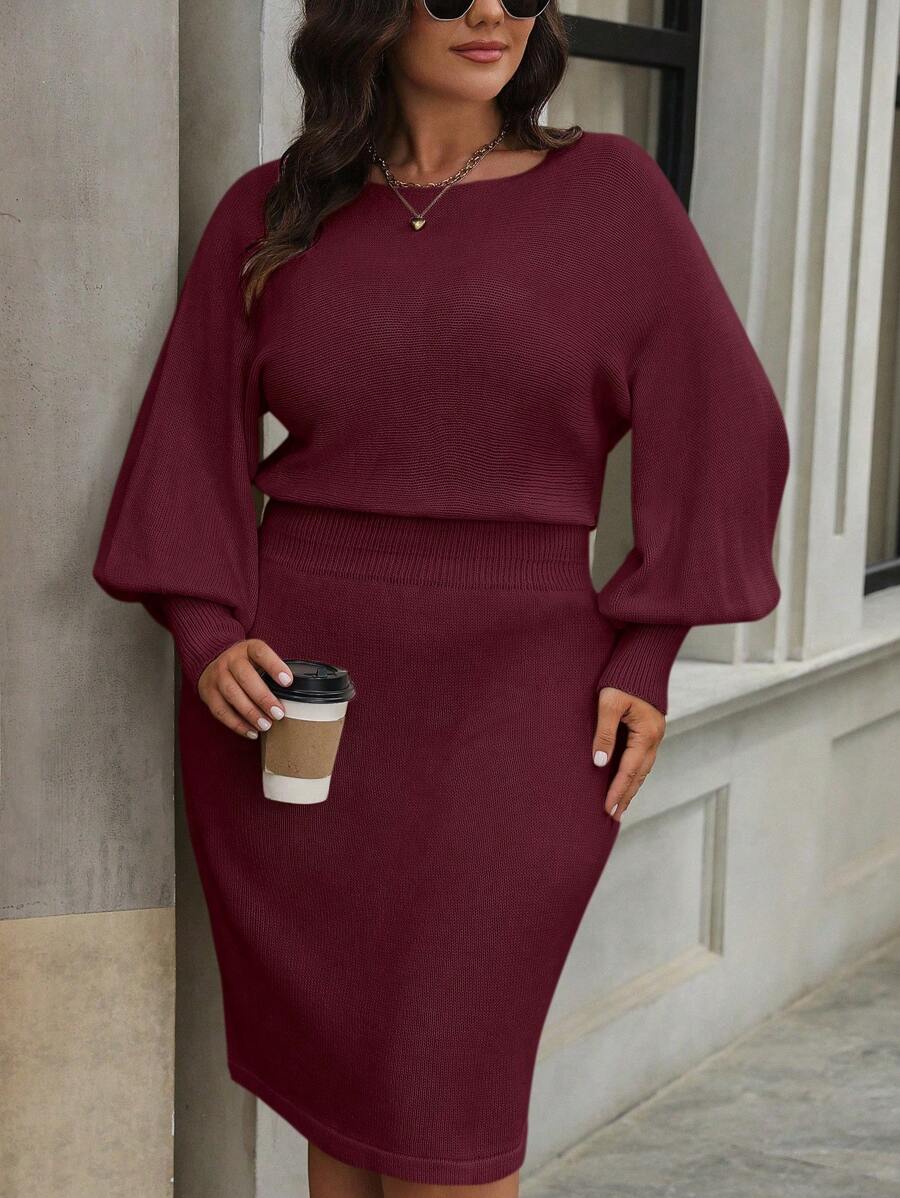 Auvina 秋冬季大码优雅圆领收腰针织毛衣连衣裙 - 中紫紅色 - 查看 1