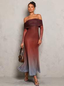 Glamine 修身渐变色网眼露肩连衣裙，优雅性感女士夏季长裙