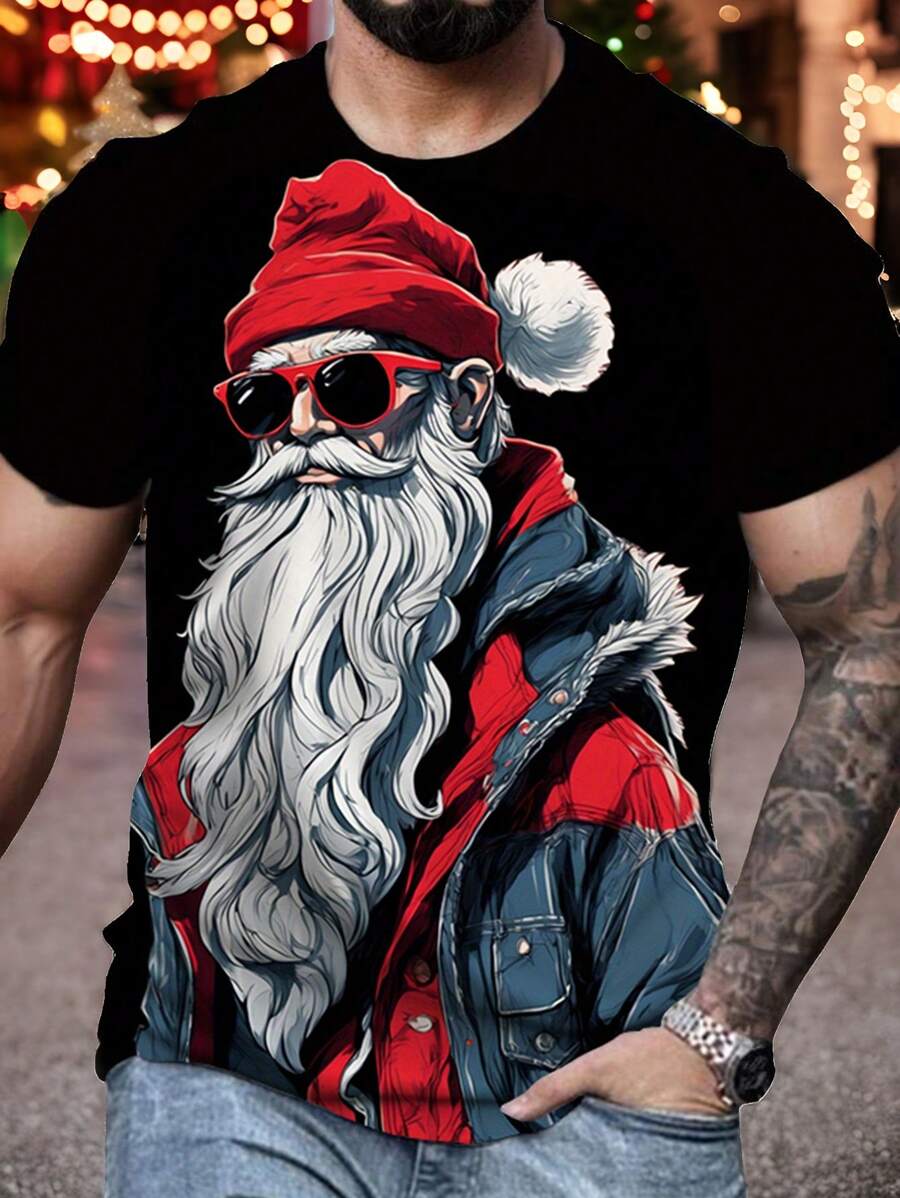 Manfinity LEGND 男士休闲圣诞圣诞老人印花短袖黑色 T 恤，男友礼物