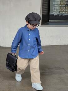 SHEIN 2pcs/Set Young Boy Casual Denim Effect Shirt And Loose Straight Leg Pants Outfit, Suitable For School & Daily Wear, Autumn/Winter - Multicolor - View 3