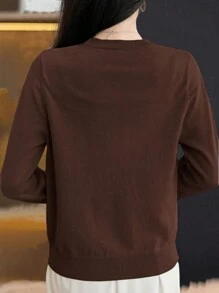 EMERY ROSE Women Simple Casual Elegant Solid Color Front Button Cardigan, Autumn/Winter Fall Cloth For Women - Coffee Brown - View 2