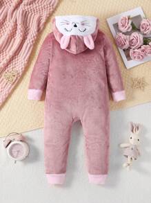 年轻女孩舒适长袖羊毛连体裤家居服，简约优雅的设计，浮雕粉色 - 藕粉色 - 查看 2