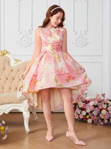 Đầm cho bé gái tuổi teen thanh lịch cổ điển sang trọng duyên dáng quyến rũ thời trang màu hồng và vàng vải organza jacquard cổ tròn hở lưng nơ quá khổ trang trí - Nhiều màu - Xem 3