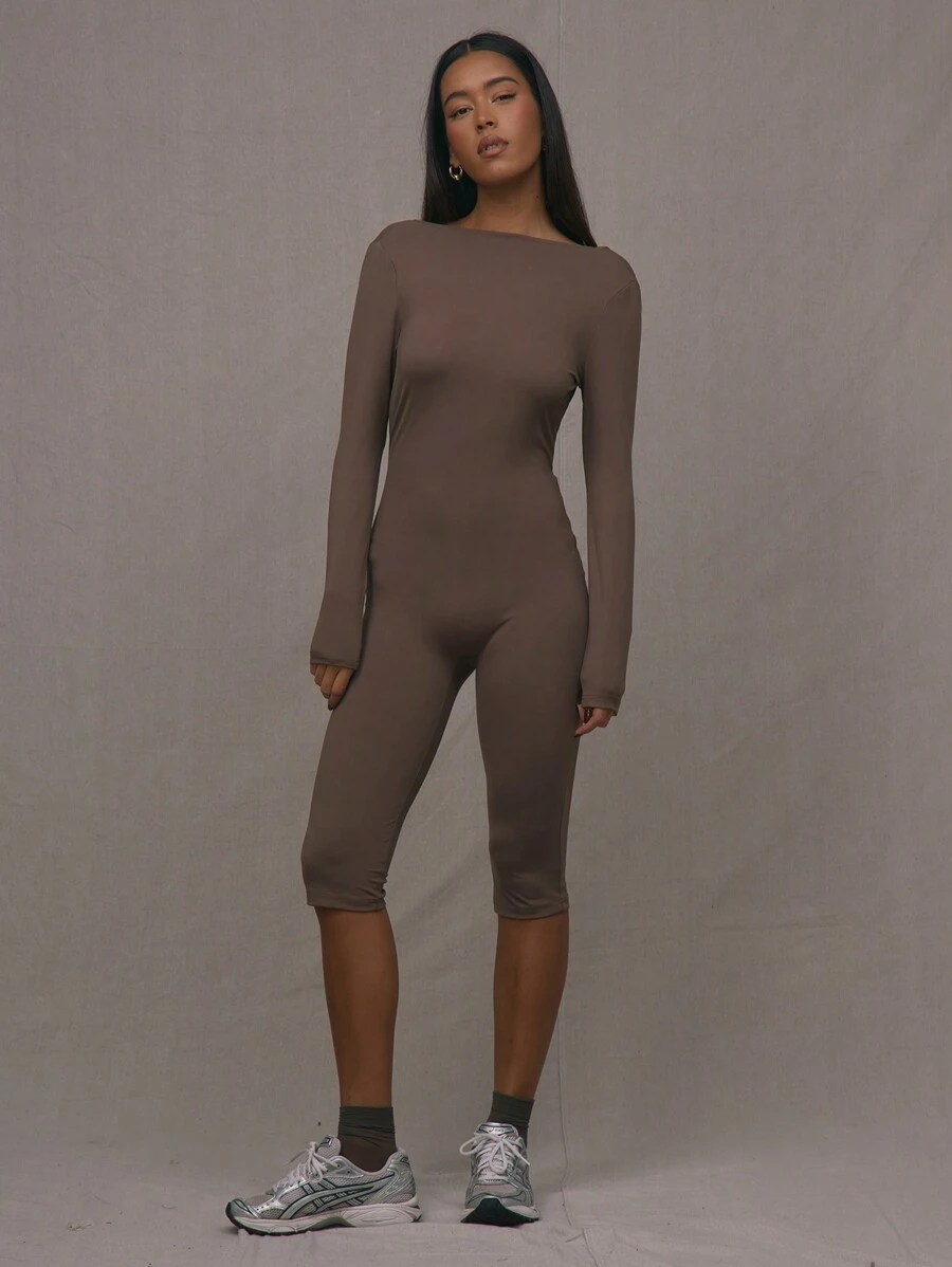 MUSERA Long Sleeve Capri Unitard Jumpsuit Casual Summer Vacation  Evening Elegant - Coffee Brown - View 1