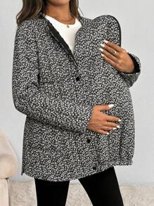 SHEIN Maternity 2-In-1 Plush Ditsy Floral Hooded Long Sleeve Coat, Winter Outerwear, Outerwear, Fall - Black - View 6