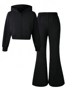 2 件 Tween Girl 黑色连帽衫和喇叭裤套装 - 黑色 - 查看 6