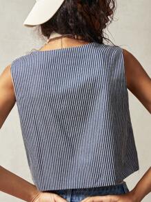 Bohemela 休闲编织条纹前系蝴蝶结短款女式背心 - 藍色 - 查看 4