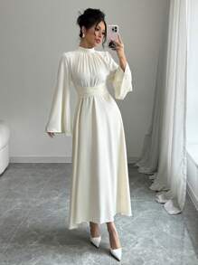 Rafferiza 女士纯色立领长袖简约长裙，休闲日常穿着长款女装 - 杏色 - 查看 5