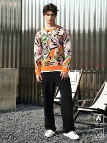 Manfinity Roghcode 男士圆领长袖图案细节简约休闲针织毛衣 - 彩色 - 查看 1