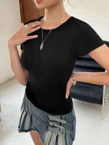 INAWLY Slim Fit T-Shirt Einfarbig für Frauen - Schwarz - Übersicht 3