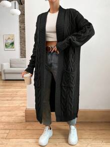 EURMUSE 女士纯色落肩长袖长开衫，休闲秋冬 - 黑色 - 查看 6