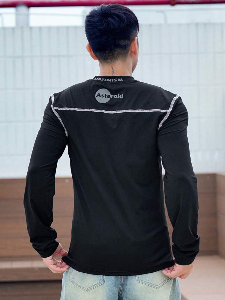 1pc Men's Letter Print Slim Fit Black T-Shirt, Autumn Long Sleeve Men Shirt