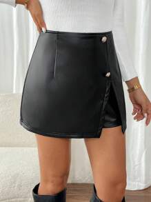 SHEIN Frenchy Women's Solid Color Front Button Up Split Hem Simple Casual Shorts Summer Black