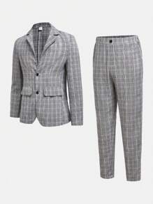 SHEIN Leap Crew TeenBoys 2 bộ đồ thường ngày đơn giản A.M. Gentleman thoải mái siêu tiết kiệm cùng màu cùng chất lượng phẳng cổ thuyền kẻ sọc trang trọng bộ đồ vest Homecoming; Phục hưng; Trang phục mùa thu; Quần áo bé trai tuổi teen; Áo khoác mùa thu; Trang phục mùa thu thu/đông - Nhiều màu - Xem 1