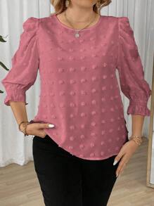Calvaya Kemeja Kasual Ukuran Besar Warna Polos Kerah Bulat Lengan Sedang Motif Titik-titik Swiss - Dusty Pink - View 3