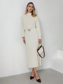 EURMUSE 2pcs/Set Casual Solid Color Long Sweater Dress, Autumn/Winter - Beige - View 5