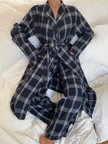 DAZY Conjunto de pijama de 2 piezas con bata a cuadros de longitud media con cinturón y pantalón de pijama recto y suelto, ropa de otoño e invierno