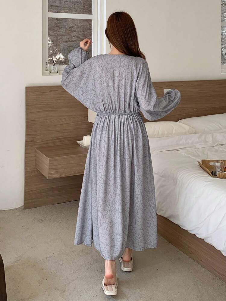 Women Floral Print Loose Waist Ruched Nightgown Pajama