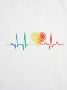 TaskEZ Heart Printed V-Neck Short Sleeve Pocket Nursing Uniform Scrub Top - White - View 5