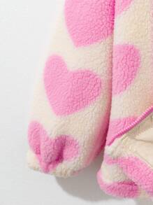 Tween Girls Oversized Pink Heart Zipper Cardigan, Fleece Warm Outerwear, Thickened Plush Lining, Autumn/Winter, Suitable For Outdoor, Casual, Party, Holiday, Birthday, Fashion, Princess Style - Pink - View 4