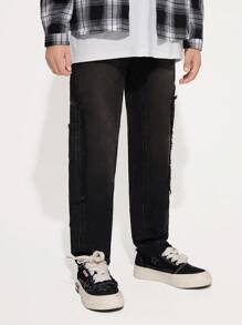 Tween Boy Black Patchwork Casual Simple Straight Washed Denim Pants - Black - View 4