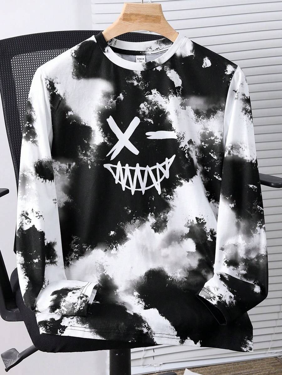 SHEIN Leap Crew 青少年男孩休闲宽松舒适百搭扎染涂鸦脸图案长袖上衣，适合秋冬季