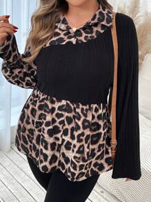 SHEIN VCAY Leopard Print Patchwork Knit Long Sleeve Casual Shirt - Multicolor - View 1