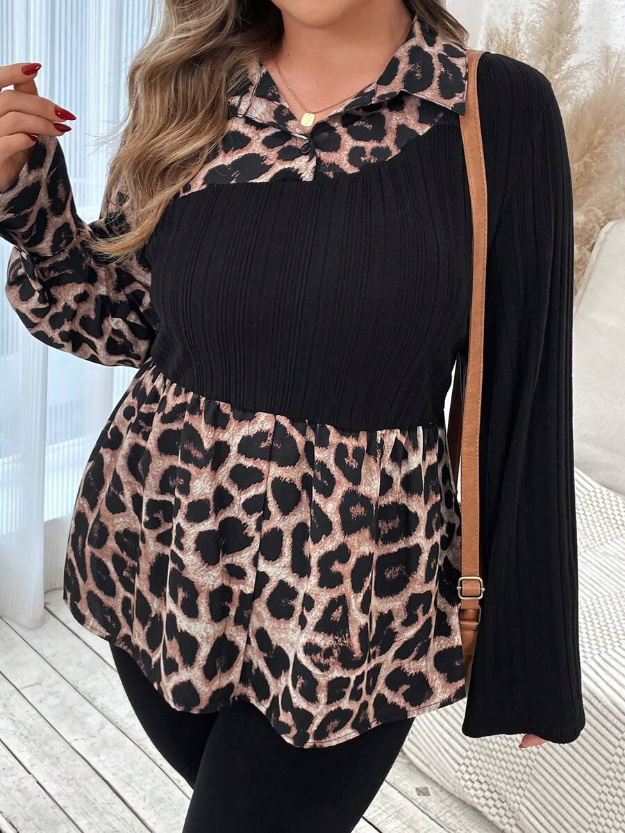 SHEIN VCAY Leopard Print Patchwork Knit Long Sleeve Casual Shirt - Multicolor - View 1