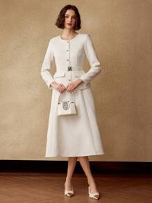 MOTF PREMIUM 粗花呢纯色系腰带喇叭下摆二合一中长连衣裙女装 - 杏色 - 查看 5