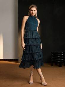 MOTF Soiréza GLITTER SOLID PLISSE LAYERED RUFFLE HEM HALTER NECK DRESS WITHOUT BELT - Dark Green - View 8