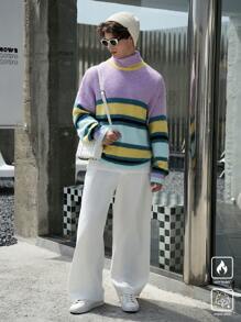 Manfinity Hypemode Men's Casual Contrast Color Stripe High Neck Drop Shoulder Sweater, For Autumn/Winter - Multicolor - View 5