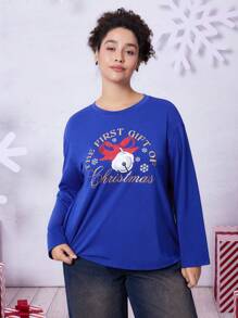 THE POLAR EXPRESS X SHEIN 大码休闲圣诞礼物铃铛印花蓝色 T 恤适合日常穿着 - 藏蓝色 - 查看 4