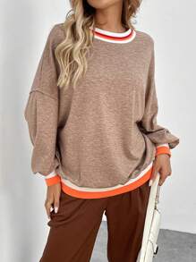 SHEIN LUNE 1 Áo nỉ dài tay hở vai phối gân tương phản dành cho nữ, phong cách thường ngày cho mùa thu - Màu Khaki - Xem 1