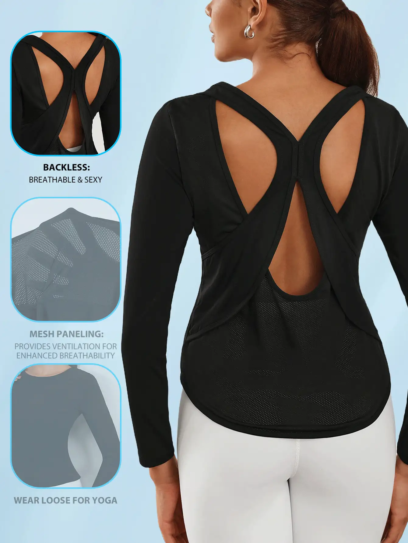 Lifespree 女士纯色镂空后背长袖运动 T 恤