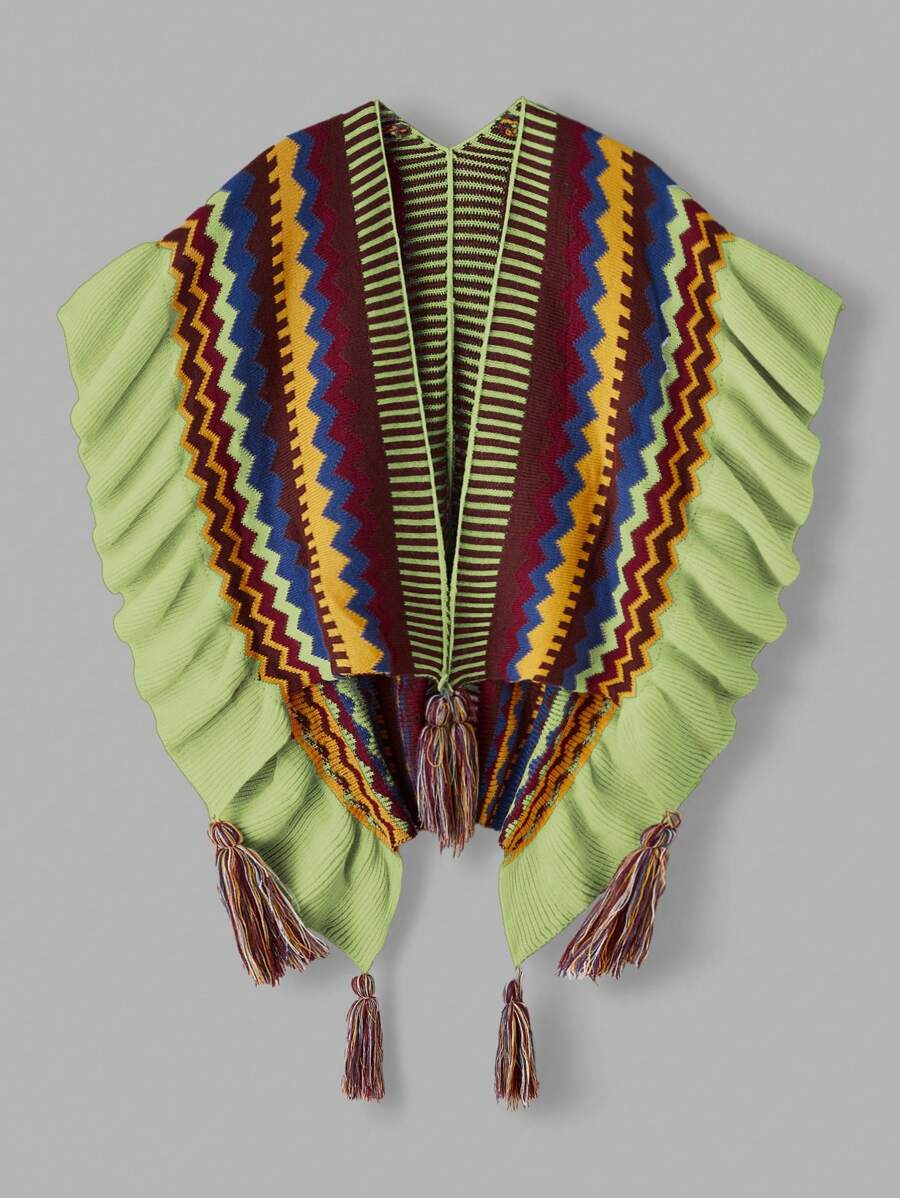 Flirla Áo khoác cardigan tua rua phong cách dân tộc Boho cỡ lớn, cỡ lớn - màu xanh lá - Xem 1