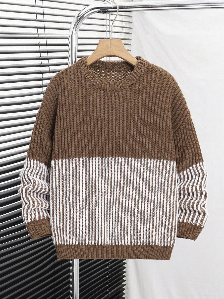 SHEIN Tween Boys' Textured Color Block Knitted Sweater, Suitable For Autumn/Winter Wear, Great For Casual Or School