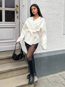 MainGRL 女式纯色前系带长袖简约夹克，秋冬休闲日常穿着 - 米色 - 查看 5