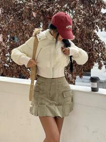 SHEIN EZwear Áo khoác nữ dày dặn có cổ lông, thắt eo, thích hợp cho mùa thu/đông. - Màu be - Xem 6