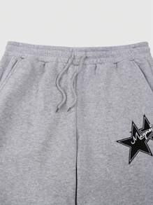 ROMWE MEN Street Life Men's Front Tie Pocket Star Print Casual Pants, Daily Casual Wear - Light Grey - View 6
