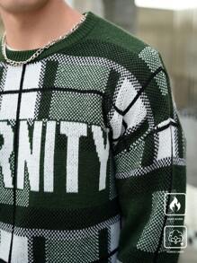 Manfinity Hypemode Men's Letter & Plaid Pattern Round Neck Casual Sweater, Autumn/Winter - Multicolor - View 3