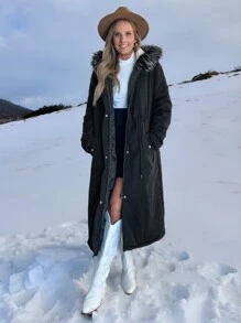 SHEIN LUNE 带衬垫连帽蓬松衬里派克大衣 黑色外套，长款女式外套 - 黑色 - 查看 1