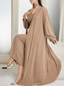 Modelyn 2 件套女士亲肤羊毛丝带吊带连衣裙，带长袖内搭 2 件套 - 卡其色 - 查看 5