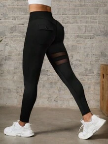 SHEIN Sports 纯色网眼撞色高腰无缝运动紧身裤 - 黑色 - 查看 2