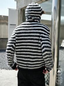 Manfinity Roghcode 男士长袖条纹简约连帽衫，适合日常休闲穿着 - 黑與白 - 查看 4